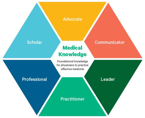 Diagram made up of six shapes labeled Advocate, Communicator, Leader, Practitioner, Professional and Scholar. These connect to form a circle around the words Medical Knowledge: Foundational knowledge for physicians to practice effective medicine