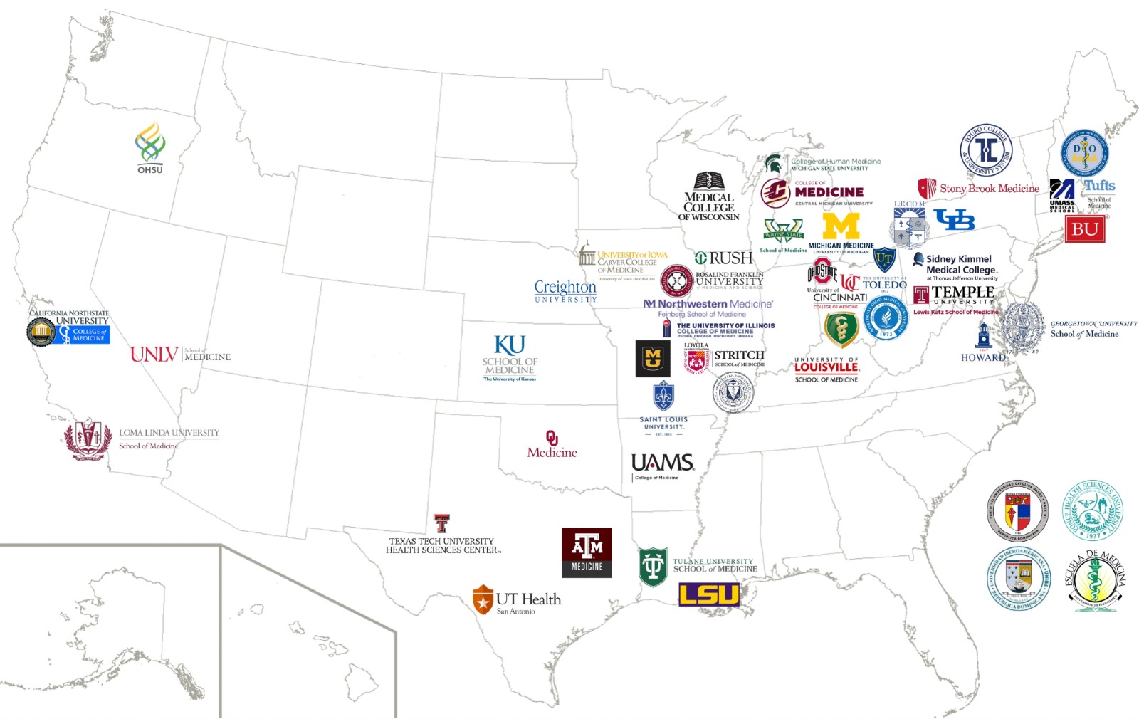 Map of the US with logoos representing colleges and universities