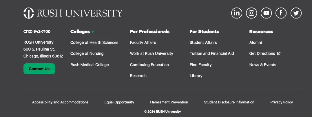 Footer menu of the Rush U website