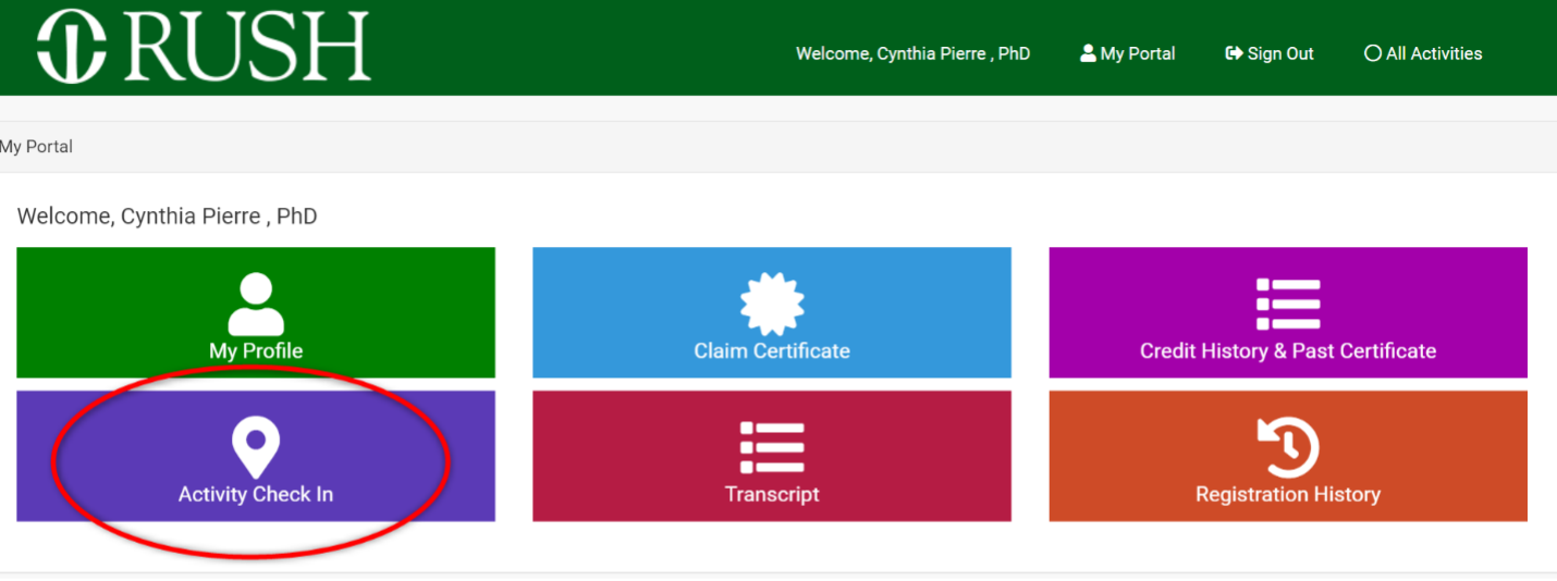 Screen shot of the CMETracker portal, with the Activity Check In tile circled