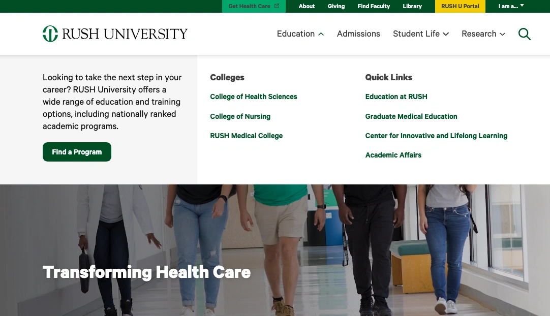 Header menus on the Rush U website