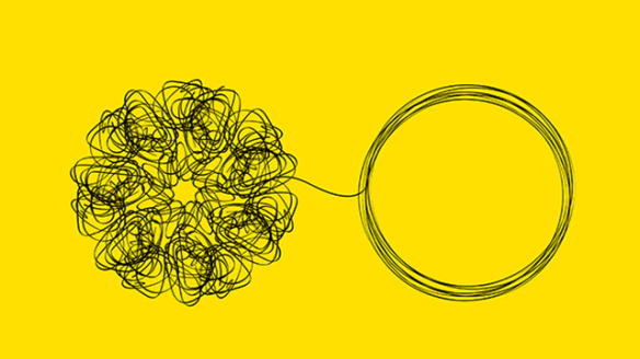 jumble of lines on left leading to clean circle of lines on right on yellow background