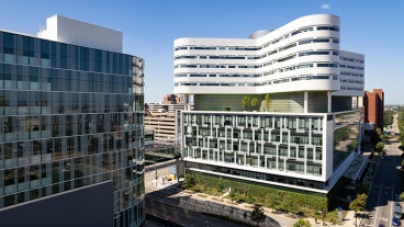 Exterior view of the Tower and Rubschlager buildings on the RUMC campus