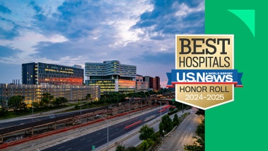 Badge recognizing Best Hospitals award, superimposed on a photo of the Rush campus