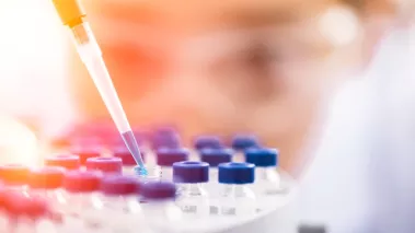 Close-up of a pipette dispensing samples into vials